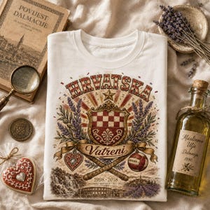 May include: A white t-shirt featuring a graphic print with the text "HRVATSKA" and "Vatreni" above a red and white checkered shield, lavender sprigs, a heart-shaped ornament, a soccer ball, and the years "1998-2018" with a landscape illustration.