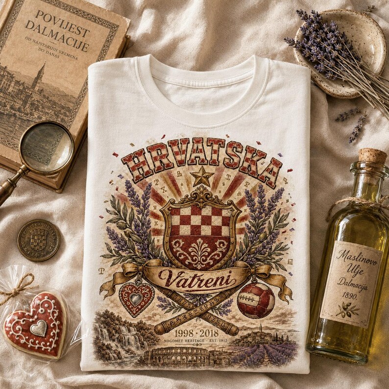 May include: A white t-shirt featuring a graphic print with the text "HRVATSKA" and "Vatreni" above a red and white checkered shield, lavender sprigs, a heart-shaped ornament, a soccer ball, and the years "1998-2018" with a landscape illustration.