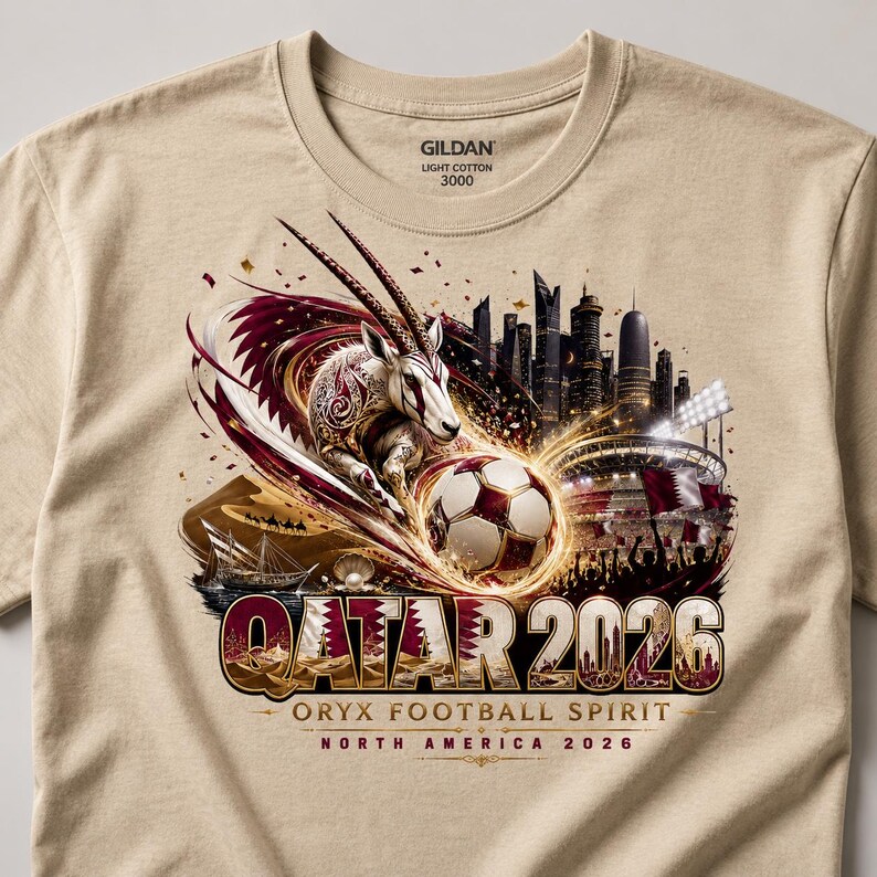 May include: A tan Gildan t-shirt featuring a graphic design for the Qatar 2026 World Cup. The design includes an oryx, a soccer ball, a stadium, and the text "QATAR 2026 ORYX FOOTBALL SPIRIT NORTH AMERICA 2026."