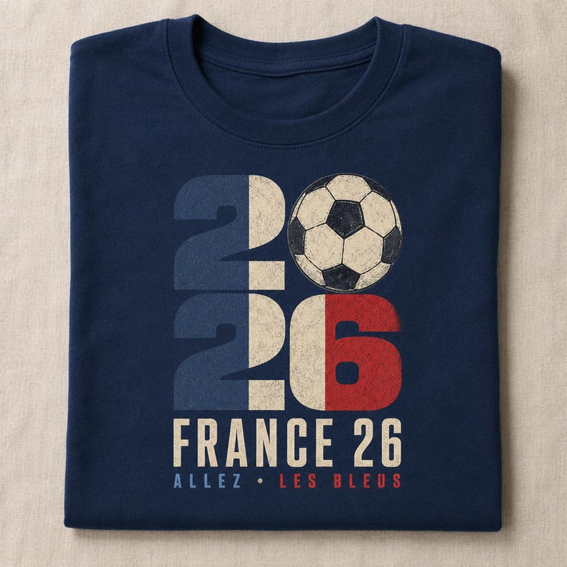 May include: A navy blue t-shirt featuring a graphic with the number 2026, where the zero is replaced by a football. The design incorporates the colours of the French flag and includes the text FRANCE 26 and ALLEZ LES BLEUS in a distressed font.