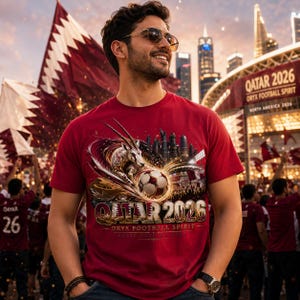 May include: Maroon t-shirt with a graphic featuring an oryx, soccer ball, and the text "QATAR 2026 ORYX FOOTBALL SPIRIT". The design includes a cityscape and stadium elements. The background shows flags and a banner.