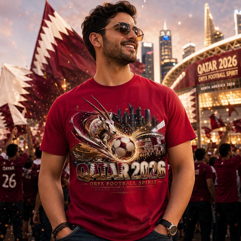 May include: Maroon t-shirt with a graphic featuring an oryx, soccer ball, and the text "QATAR 2026 ORYX FOOTBALL SPIRIT". The design includes a cityscape and stadium elements. The background shows flags and a banner.