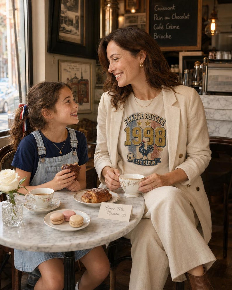 Puede incluir: Una madre y su hija est&aacute;n sentadas en una mesa de caf&eacute;, sonri&eacute;ndose. La madre lleva una blazer color crema y una camiseta con "FRANCE SOCCER 1998" impresa. Un cruas&aacute;n, macarons y una taza de t&eacute; est&aacute;n sobre la mesa.