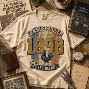 Puede incluir: Camiseta color crema con gr&aacute;fico "FRANCE SOCCER 1998", un bal&oacute;n de f&uacute;tbol y un gallo. Otros elementos incluyen un peri&oacute;dico, un libro, un reloj de bolsillo y una foto enmarcada sobre madera.