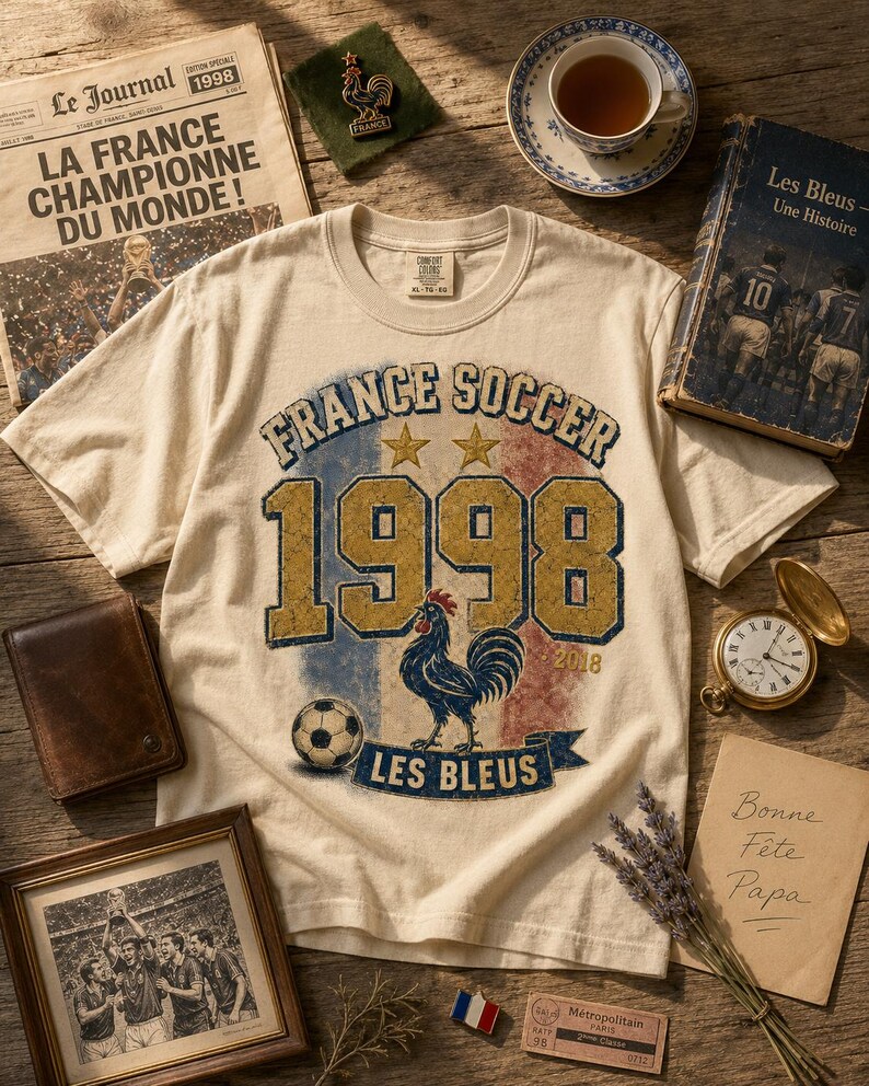 Puede incluir: Camiseta color crema con gr&aacute;fico "FRANCE SOCCER 1998", un bal&oacute;n de f&uacute;tbol y un gallo. Otros elementos incluyen un peri&oacute;dico, un libro, un reloj de bolsillo y una foto enmarcada sobre madera.