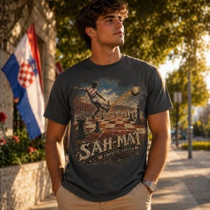 May include: A charcoal gray t-shirt featuring a graphic print of a soccer player kicking a ball across a chessboard. The text "&Scaron;AH-MAT" and "CROATIA SOCCER" is printed below the illustration, which incorporates a red and white checkered pattern.