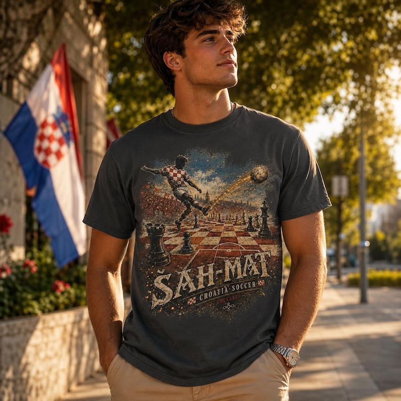 May include: A charcoal gray t-shirt featuring a graphic print of a soccer player kicking a ball across a chessboard. The text "&Scaron;AH-MAT" and "CROATIA SOCCER" is printed below the illustration, which incorporates a red and white checkered pattern.