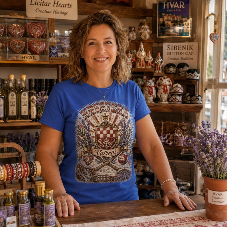 May include: A bright blue short-sleeved t-shirt featuring a detailed graphic print on the front. The design includes the text "HRVATSKA" and "Vatreni" above a central shield emblem, crossed baseball bats, and a soccer ball illustration.