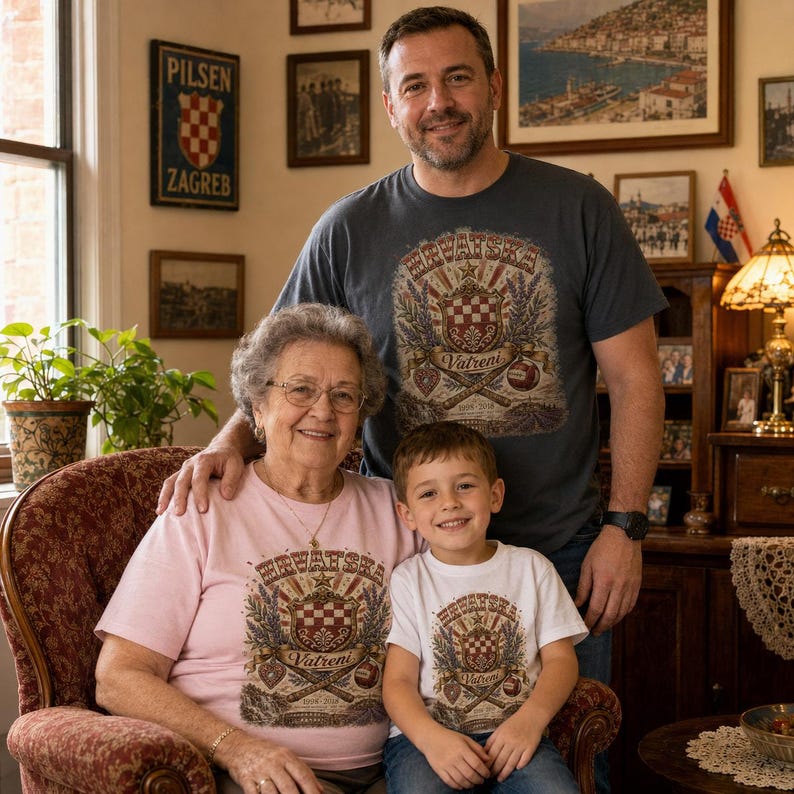May include: A dark gray t-shirt, a light pink t-shirt, and a white t-shirt, each featuring a graphic print of the Croatian coat of arms, the text Hrvatska and Vatreni, crossed baseball bats, and a baseball, all in a vintage-style design.