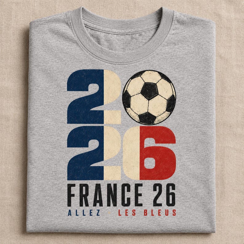 May include: A heather grey t-shirt featuring a large graphic of the number 2026, with the zero replaced by a black and white football. The design incorporates the colours of the French flag, with the text FRANCE 26 and ALLEZ LES BLEUS below.