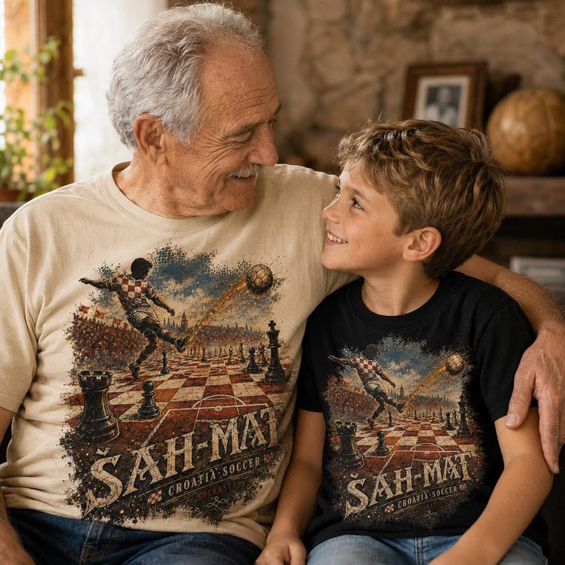 May include: A beige t-shirt and a black t-shirt, both featuring a graphic print of a soccer player kicking a ball across a chessboard. The design includes the text "&Scaron;AH-MAT" and "CROATIA SOCCER" in a distressed, vintage-style font.