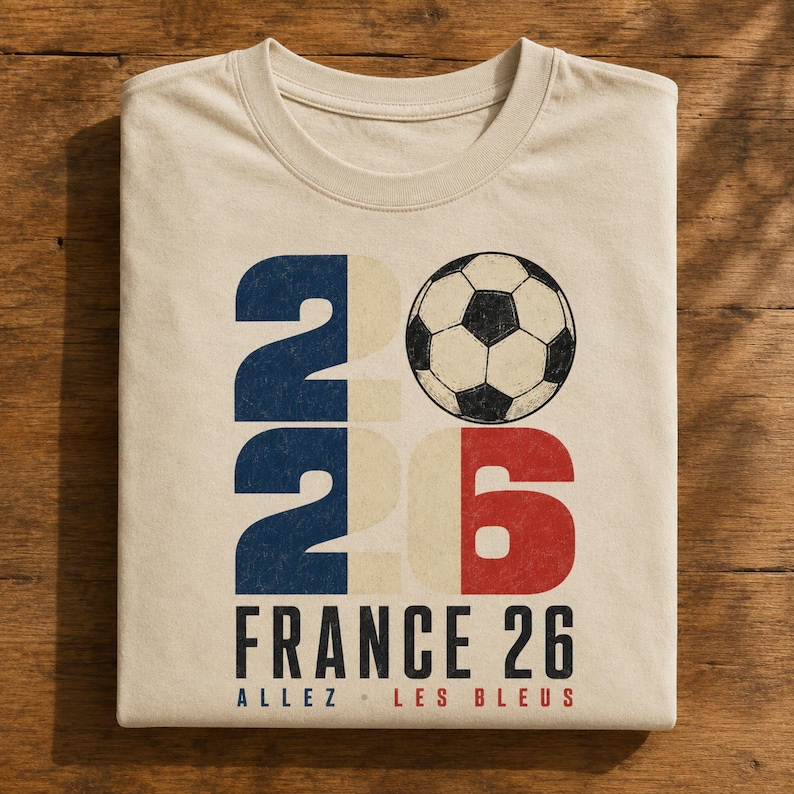 May include: A beige t-shirt featuring a graphic with the number 2026, where the zero is replaced by a black and white football. The design incorporates blue, white, and red colours. Text includes FRANCE 26 and ALLEZ LES BLEUS in black and red.
