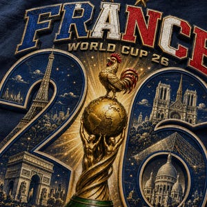 Puede incluir: Camiseta gr&aacute;fica azul marino con texto "FRANCE WORLD CUP 26". El dise&ntilde;o incluye la Torre Eiffel, el Arco del Triunfo, Notre Dame y un trofeo dorado con un gallo sobre un globo.