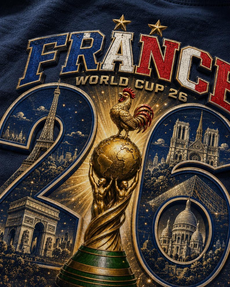 Puede incluir: Camiseta gr&aacute;fica azul marino con texto "FRANCE WORLD CUP 26". El dise&ntilde;o incluye la Torre Eiffel, el Arco del Triunfo, Notre Dame y un trofeo dorado con un gallo sobre un globo.