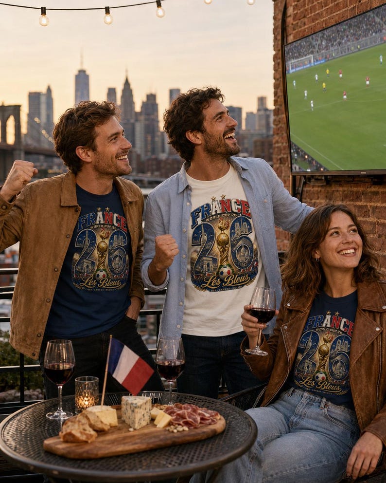Puede incluir: Tres personas ven un partido de f&uacute;tbol en una pantalla. Llevan camisetas con la inscripci&oacute;n "FRANCE WORLD CUP 26 Les Bleus". Una mesa tiene copas de vino, una tabla de quesos y una bandera francesa.