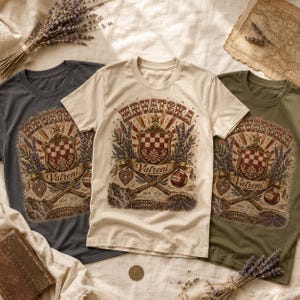 May include: Three short-sleeve t-shirts in charcoal, cream, and olive green. Each shirt features a graphic print with the text "HRVATSKA" and "Vatreni" above a checkered shield, crossed baseball bats, a ball, and the years 1998-2018.