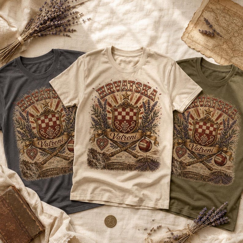 May include: Three short-sleeve t-shirts in charcoal, cream, and olive green. Each shirt features a graphic print with the text "HRVATSKA" and "Vatreni" above a checkered shield, crossed baseball bats, a ball, and the years 1998-2018.