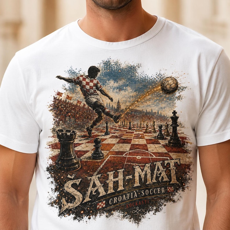 May include: A white t-shirt featuring a graphic print of a soccer player in a red and white checkered jersey kicking a soccer ball across a chessboard. The text "&Scaron;AH-MAT" and "CROATIA SOCCER" is printed below the chessboard in a distressed font.