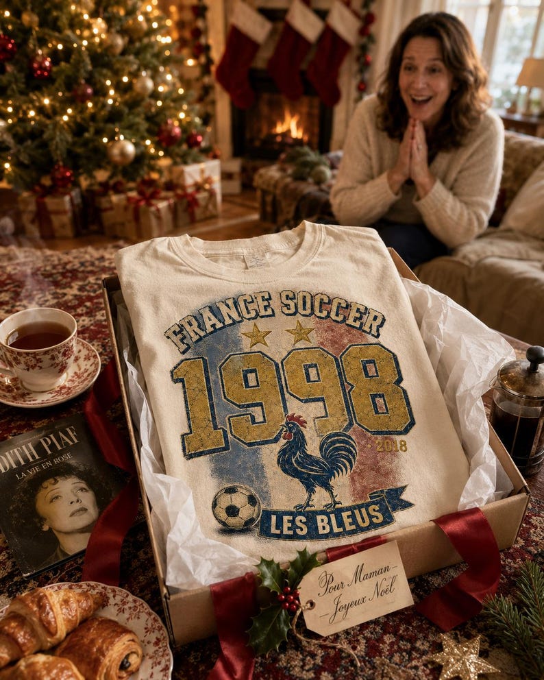 Puede incluir: Una camiseta color crema en una caja de regalo con el texto "FRANCE SOCCER 1998 LES BLEUS". La camiseta presenta un bal&oacute;n de f&uacute;tbol y un gallo. Una mujer est&aacute; en el fondo y se ve un &aacute;rbol de Navidad.