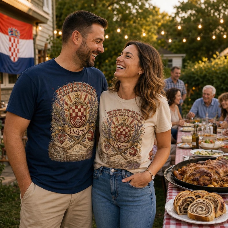 May include: A navy blue t-shirt and a beige t-shirt, both featuring a graphic print with the text "Hrvatska" and "Vatreni" above a shield with a red and white checkerboard pattern, surrounded by wheat, a heart, and a soccer ball illustration.