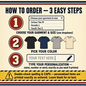 May include: An instructional graphic titled HOW TO ORDER - 3 EASY STEPS. Step 1 shows a dropdown menu for garment and size. Step 2 displays four t-shirt icons in black, navy, grey, and beige. Step 3 features a text box with a pencil icon for personalisation.