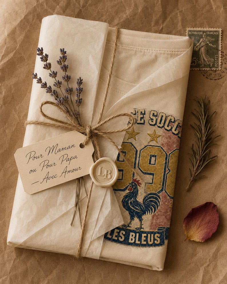 Puede incluir: Un regalo envuelto en papel marr&oacute;n, atado con hilo y adornado con ramitas de lavanda. El regalo incluye una camiseta con un gr&aacute;fico de gallo y el texto "SE SOCC 1991 LES BLEUS". Una etiqueta dice "Pour Maman ou Pour Papa - Avec Amour".