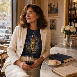 Puede incluir: Una mujer con una camiseta azul marino con el texto "FRANCE WORLD CUP 26". Lleva una blazer color crema y est&aacute; sentada en una barra de m&aacute;rmol con una copa de vino tinto. Tambi&eacute;n hay macarons y un libro en la barra.