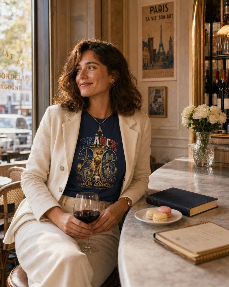 Puede incluir: Una mujer con una camiseta azul marino con el texto "FRANCE WORLD CUP 26". Lleva una blazer color crema y est&aacute; sentada en una barra de m&aacute;rmol con una copa de vino tinto. Tambi&eacute;n hay macarons y un libro en la barra.