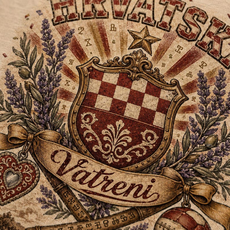 May include: A graphic print featuring the text HRVATSKI and Vatreni, a red and white checkered shield, a star, lavender sprigs, a heart-shaped ornament, and a soccer ball. The design uses a vintage aesthetic with muted tones of red, brown, and cream.