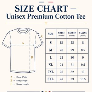 Puede incluir: Tabla de tallas para una camiseta unisex de algod&oacute;n premium, con medidas de pecho, largo y manga en cent&iacute;metros. Las tallas van de la S a la 3XL. La camiseta es de algod&oacute;n grueso, preencogido y de corte atl&eacute;tico.