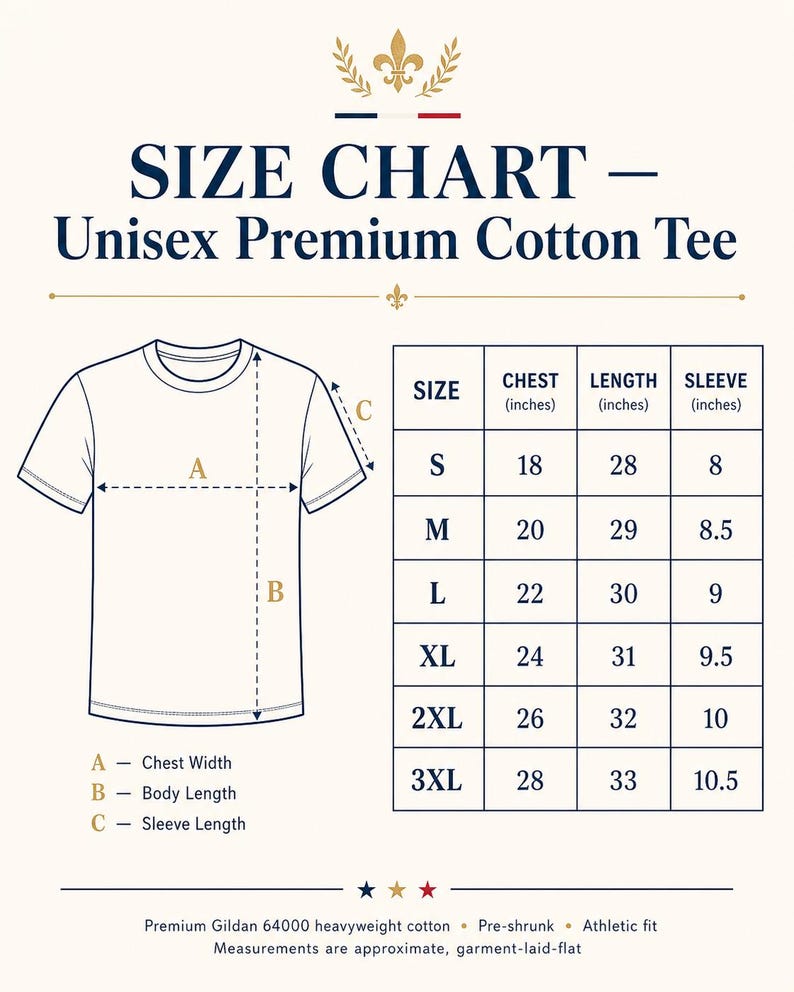 Puede incluir: Tabla de tallas para una camiseta unisex de algod&oacute;n premium, con medidas de pecho, largo y manga en cent&iacute;metros. Las tallas van de la S a la 3XL. La camiseta es de algod&oacute;n grueso, preencogido y de corte atl&eacute;tico.