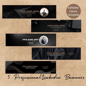 May include: Five professional LinkedIn banner templates with a black background and gold accents. The banners feature a variety of designs, including abstract shapes, fabric textures, and a professional headshot. The text on the banners includes "Your Name Here", "Business Consultant Services", "Personal Business Manager", "Marketing Manager", and contact information.