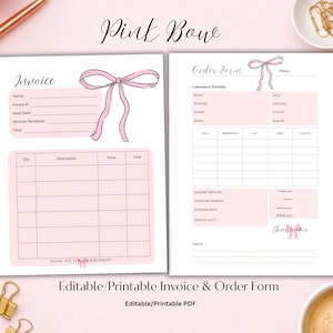 Invoice & Order Form Editable Printable Small Business Owner Form Boutique Invoice Form Coquette Bow Form Set Home Office Worksheet