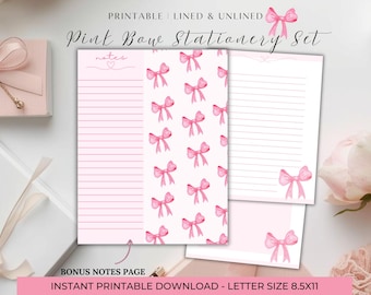 Pink Bow Printable Stationery Set For Her Printable Lined and Unlined Pink Bow Design Stationery Set Feminine Stationery Set Bridal Gift