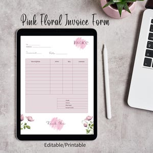 Editable Invoice Template PDF Editable Form Simple Small Business Form Pink Floral Invoice Business Invoice Printable Form Instant Download
