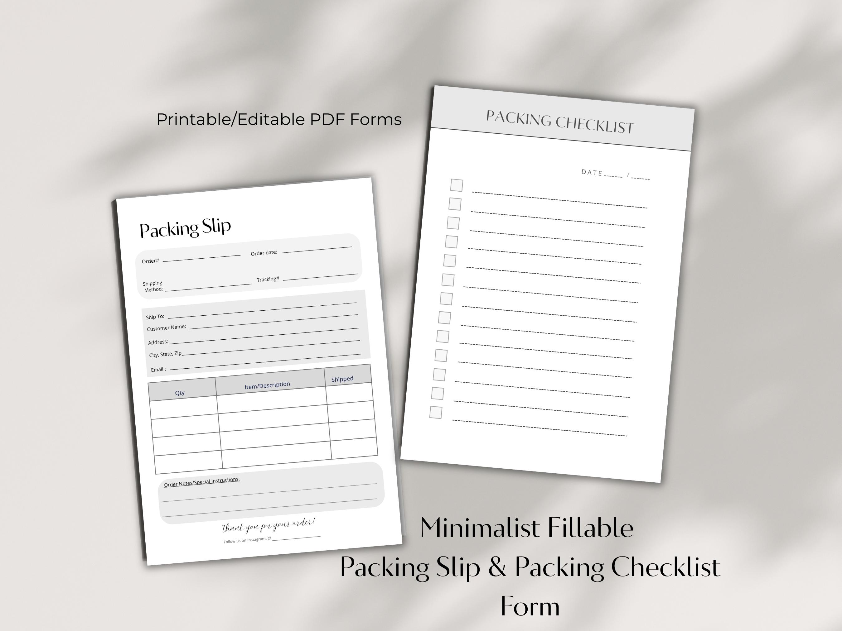 Minimalist Packing Slip & Packing Checklist Fillable PDF Small Business ...