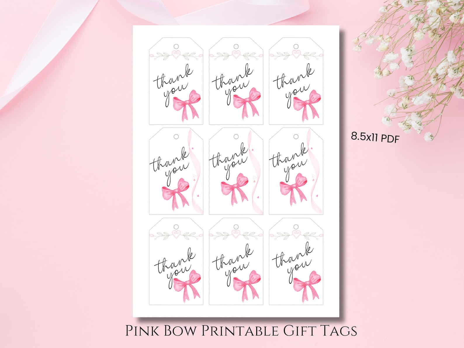 Pink Bow Printable Thank You Gift Tags Bridal Gift Wedding Pink Bow ...