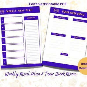 Four Weekly Menu Weekly Meal Plan Four Week Menu Editable Meal Plan Weekly Meal Plan ...
