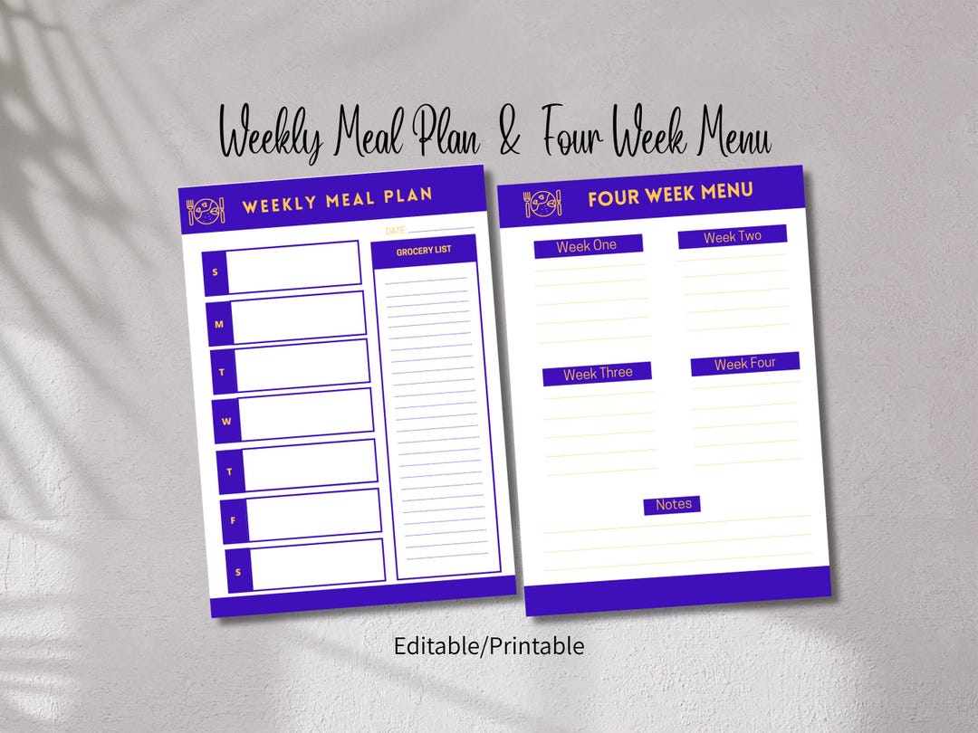 Weekly Meal Plan Four Week Menu Editable Meal Plan Weekly Meal Plan ...