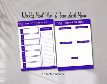 Weekly Meal Plan Four Week Menu Editable Meal Plan Weekly Meal Plan With Grocery List Meal Planner Menu Planner Editable Meal Plan Tracker