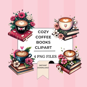 Gezellige koffie boeken clipart set boekenliefhebber clipart koffiekopje boeken PNG leesgrage clipart planner sticker Moederdag clipart-afbeeldingen