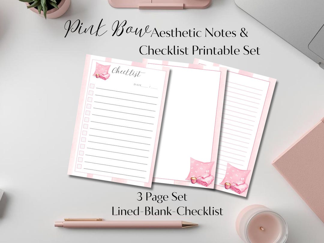 Pink Bow Aesthetic Notes & Checklist Printable Set Lined, Blank Writing ...