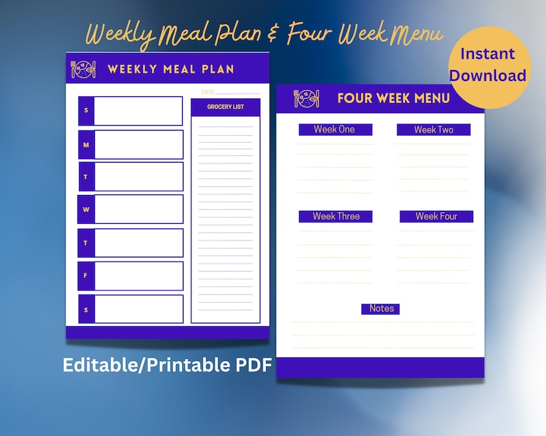 Weekly Meal Plan Four Week Menu Editable Meal Plan Weekly Meal Plan ...
