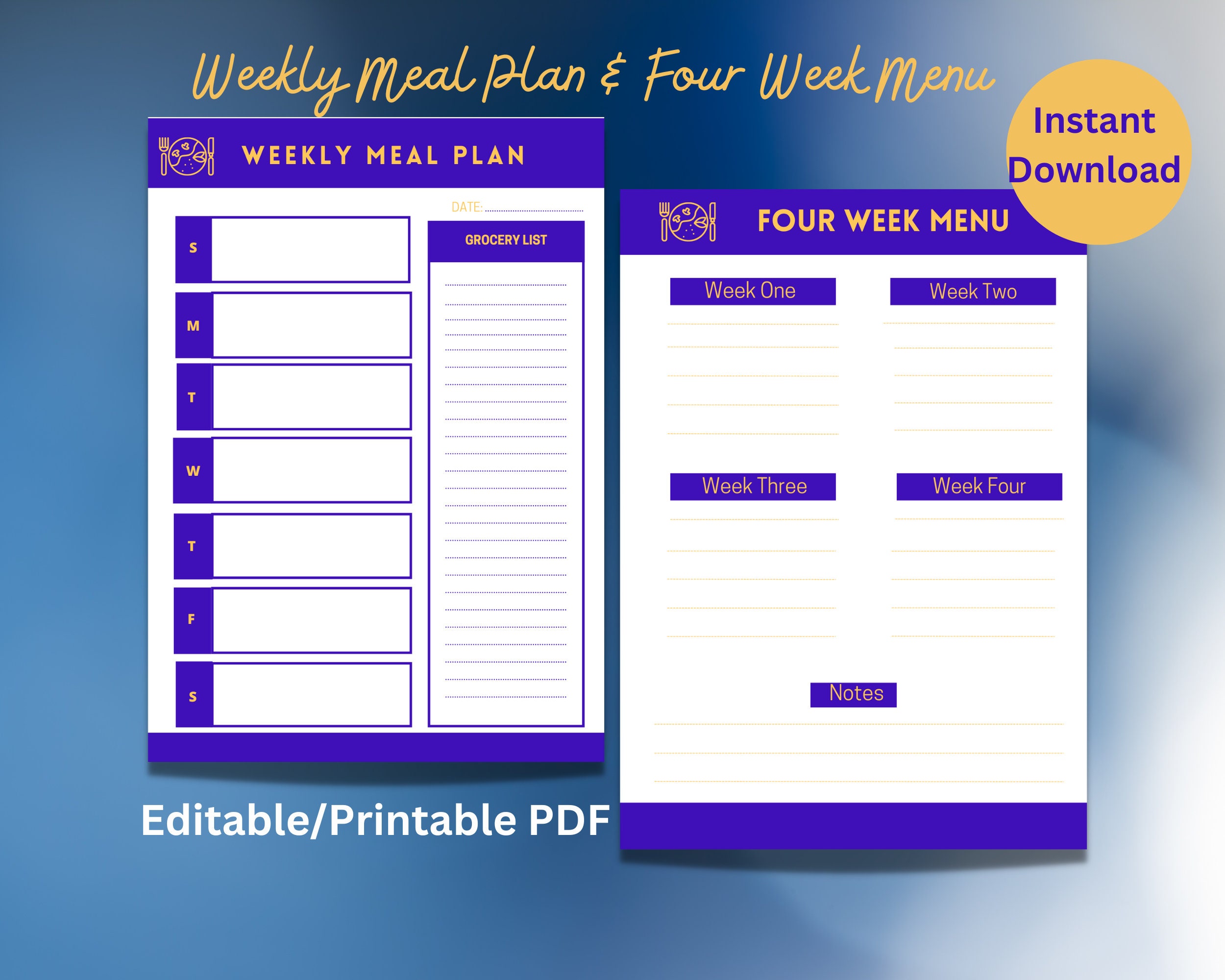 Weekly Meal Plan and Four Week Menu Editable Meal Plan Weekly Meal Plan ...