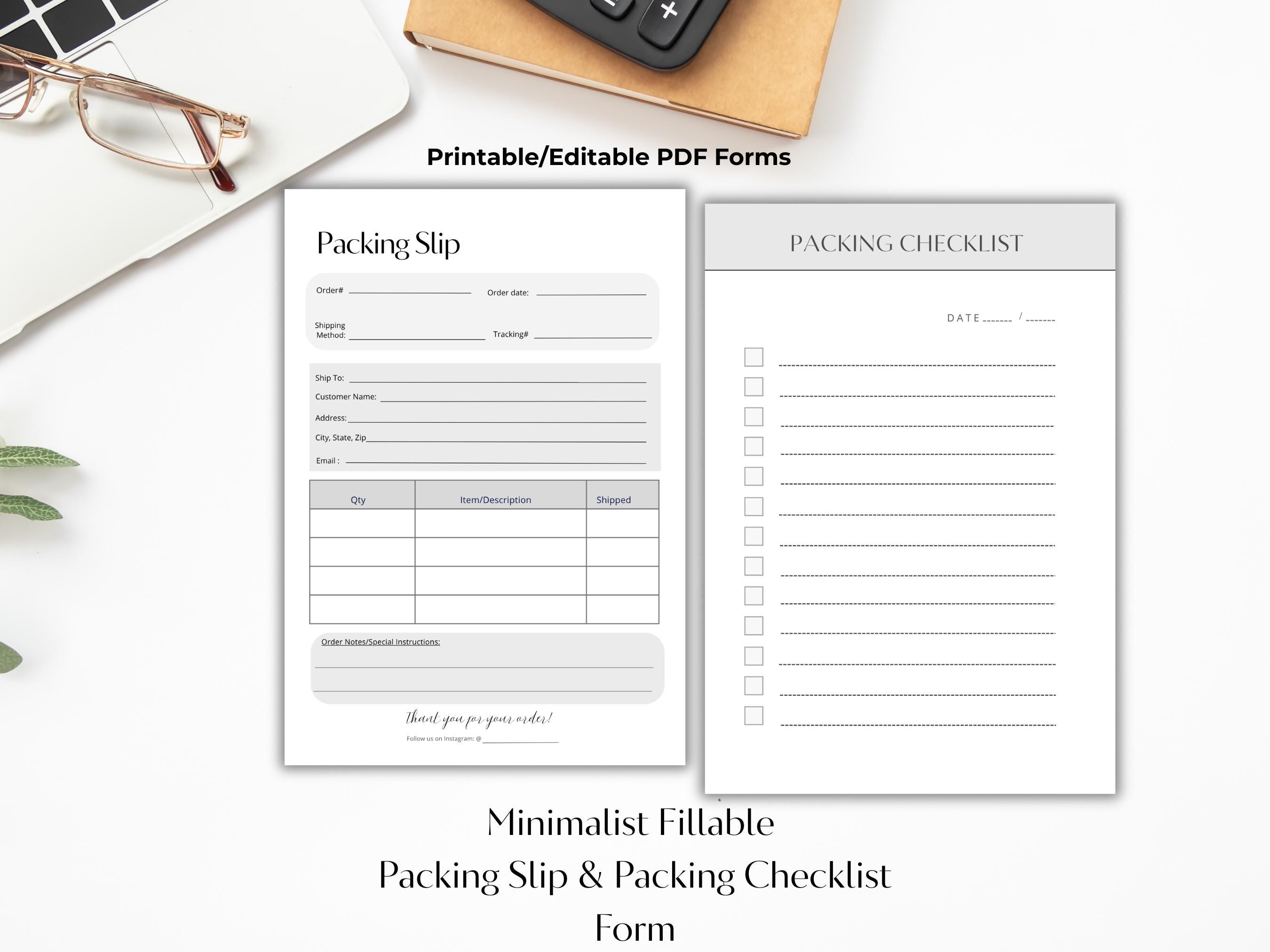 Minimalist Packing Slip & Packing Checklist Fillable PDF Small Business ...