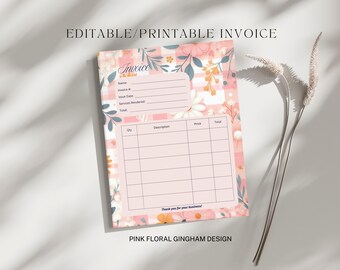 Editable Invoice Template Pink Floral Gingham Printable Invoice For Small Business Aesthetic Business Invoice PDF Small Business Invoice PDF