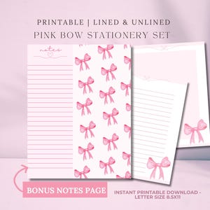 Rosa Schleife Druckbares Briefpapier Set Für sie Liniertes und Unliniertes Rosa Schleifen Design Briefpapier Set Feminines Briefpapier-Set Brautgeschenk