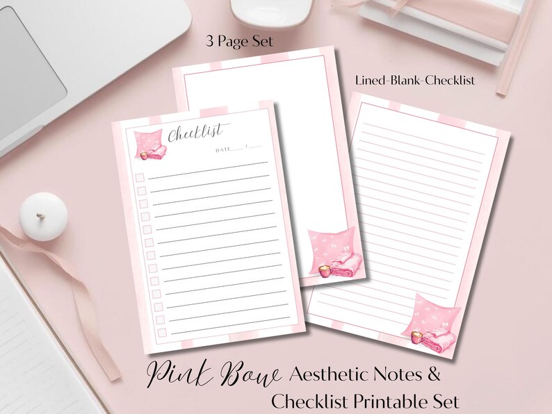 Pink Bow Aesthetic Notes & Checklist Printable Set Lined, Blank Writing ...