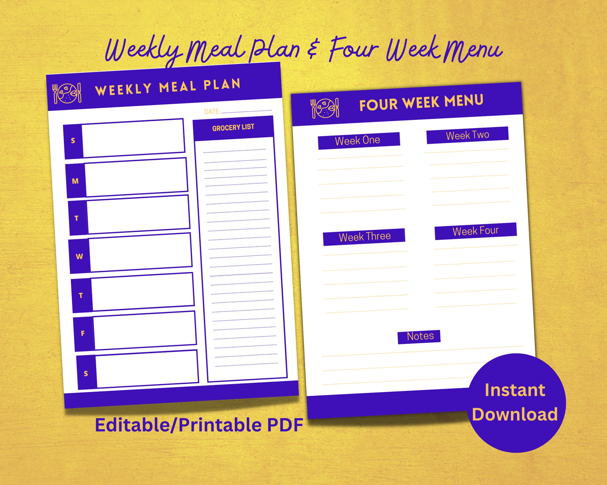 Weekly Meal Plan and Four Week Menu Editable Meal Plan Weekly Meal Plan ...