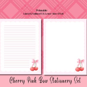 Cherry Pink Bow Coquette Printable Stationery Set For Her Printable Pink Bow Cherry Design Stationery Set Birthday Printable Girly Gift